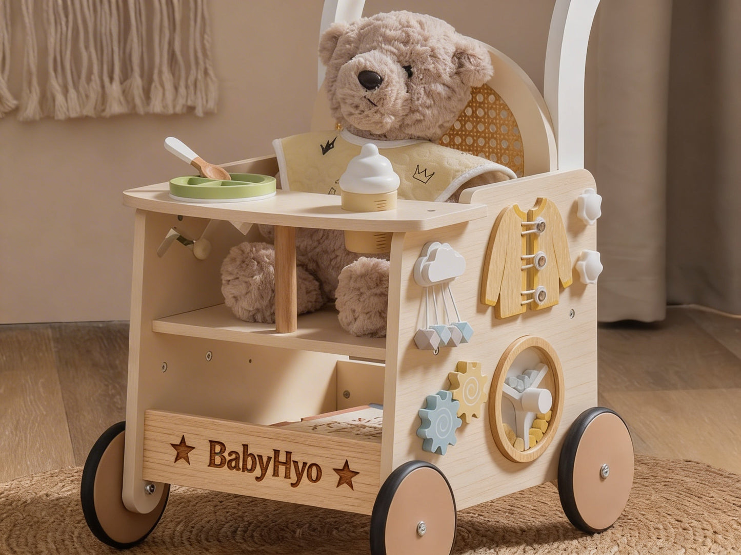 BabyHyo Wooden Baby Walker with Activity Board – Montessori Toddler Push Walker Learning Toy